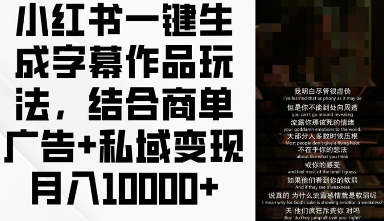 小红书一键生成字幕作品玩法，结合商单广告+私域变现月入1w+【揭秘】-吾藏分享