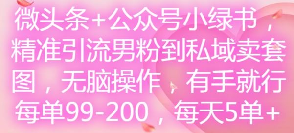 微头条+公众号小绿书，精准引流男粉到私域卖套图，无脑操作，有手就行，每单99-200，每天5单-吾藏分享