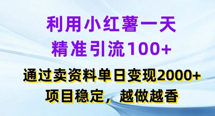 利用小红书一天精准引流100+，通过卖项目单日变现2k+，项目稳定，越做越香【揭秘】-吾藏分享