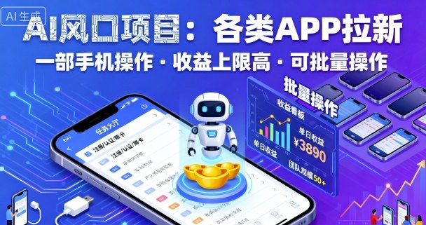AI风口项目，各类APP拉新，一部手机就可以操作，收益上限高，可批量操作-吾藏分享