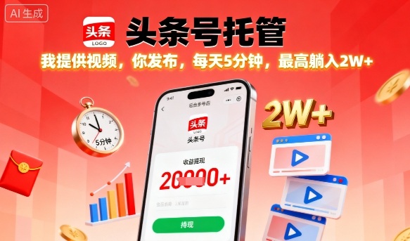 【头条号托管】我提供视频，你发布，每天5分钟，最高躺入2W+【揭秘】-吾藏分享