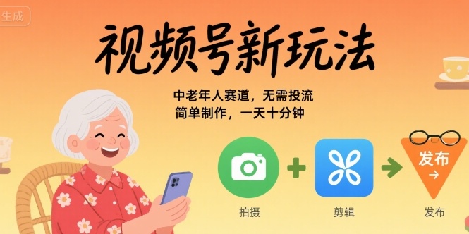 视频号新玩法，中老年人赛道，无需投流，简单制作，一天十分钟，月入1W-吾藏分享