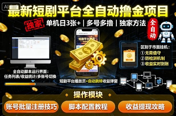 最新短剧平台全自动挂G撸金项目，单机一天3张+，多号多撸，区别于市面所有挂机项目，独家方法【揭秘】-吾藏分享