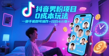 抖音男粉项目0成本玩法，一部手机即可操作，日均4张+，时间自由-吾藏分享