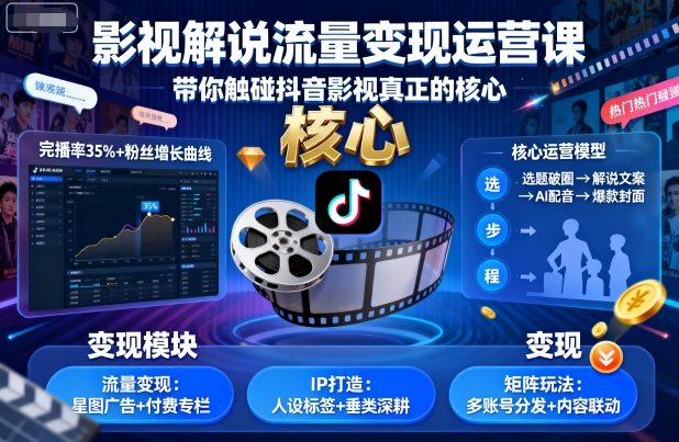 影视解说流量变现运营课，带你触碰抖音影视真正的核心-吾藏分享