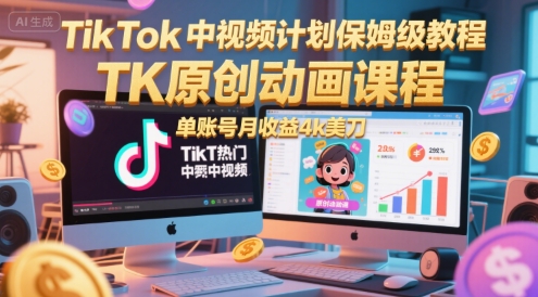 TikTok中视频计划保姆级教程，TK原创动画课程，单账号月收益4k美刀-渝渝网创