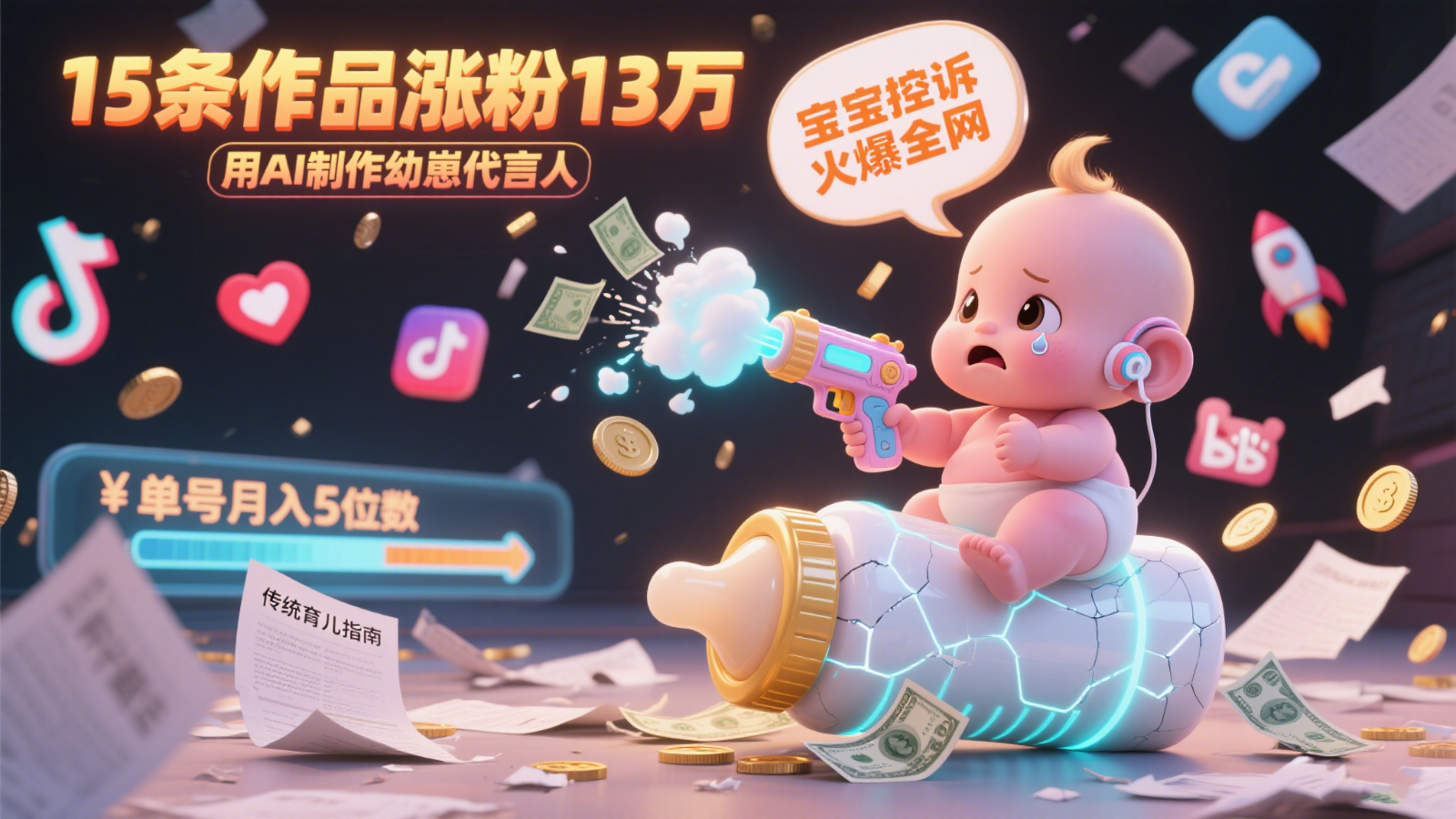 用AI制作幼崽代言人，宝宝的控诉火爆全网，15条作品涨粉13万，单号月入5位数实操教程-吾藏分享