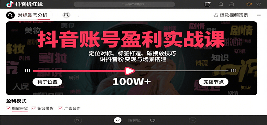 抖音账号盈利实战课，定位对标、标签打造、破播放技巧，讲涨粉变现与场景搭建-吾藏分享