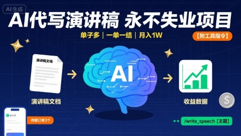 AI代写演讲稿，永不失业项目，单子多，一单一结，月入1W【附工具指令】-吾藏分享