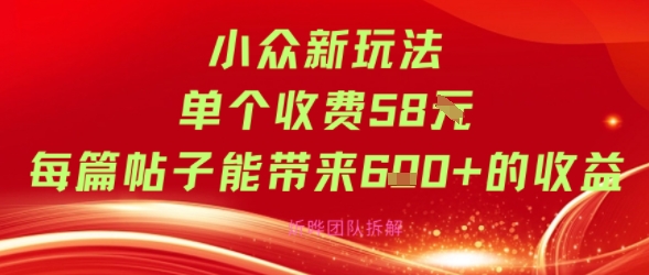 小众新玩法单个收费58米每篇帖子能带来6张+的收益-吾藏分享