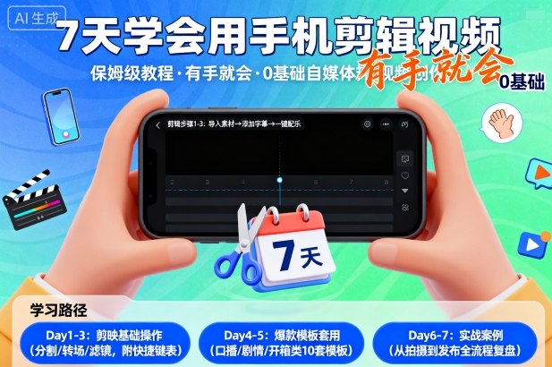 7天学会用手机剪辑视，保姆级教程，有手就会，0基础自媒体短视频创作教程-吾藏分享