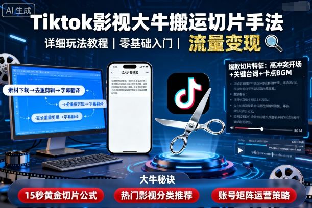 Tiktok影视大牛搬运切片手法，详细玩法教程-吾藏分享
