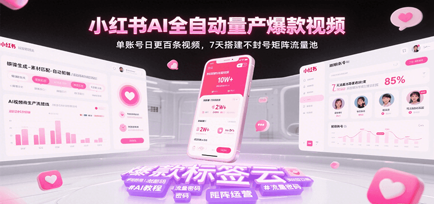 小红书AI全自动量产爆款视频，单账号日更百条视频，7天搭建不封号矩阵流量池-吾藏分享