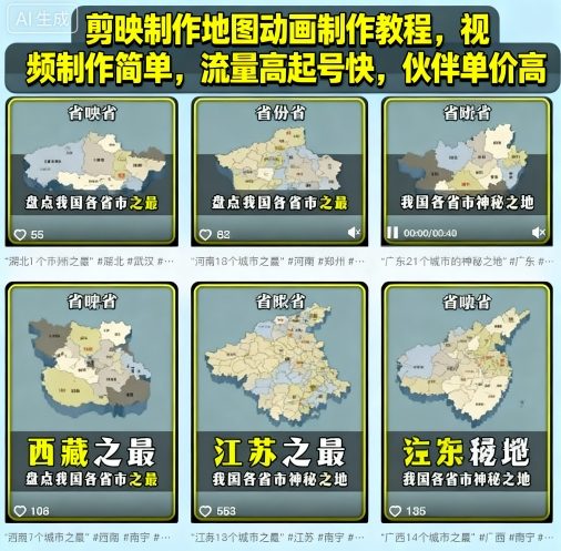 剪映制作地图动画制作教程，视频制作简单，流量高起号快，伙伴单价高-吾藏分享