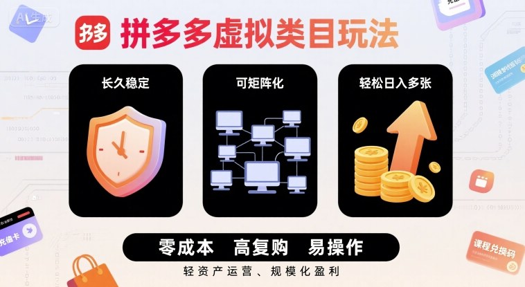 拼多多虚拟类目玩法，长久稳定，可矩阵化，轻松日入多张-吾藏分享