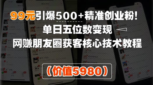 99元引爆500+精准创业粉！单日五位数变现，网创朋友圈获客核心技术教程-吾藏分享