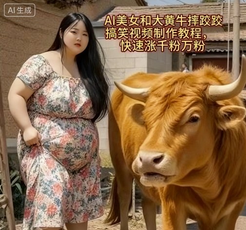 AI美女和大黄牛摔跤搞笑荒诞视频制作教程，快速涨千粉万粉-吾藏分享