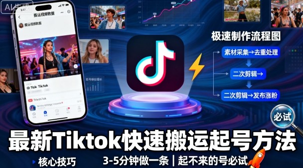 最新Tiktok快速搬运快速起号方法，3-5分钟做一条，起不来的号可以试试-吾藏分享