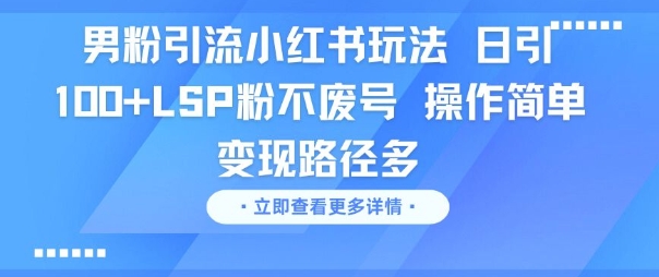 男粉引流小红书玩法，日引100+LSP粉不废号，操作简单，变现路径多-渝渝网创