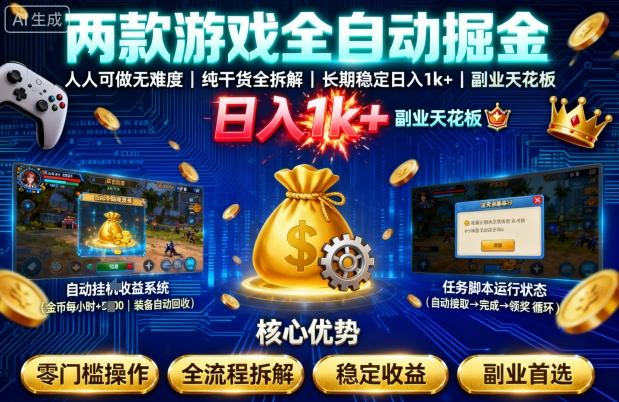 两款游戏全自动掘金，人人可做无难度，纯干货全拆解，长期稳定，日入1k+，副业天花板【揭秘】-吾藏分享