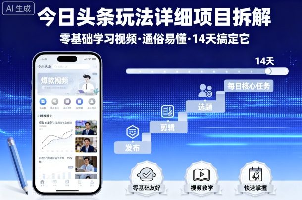 今日头条玩法详细项目拆解，零基础学习视频 通俗易懂 14天搞定它-吾藏分享