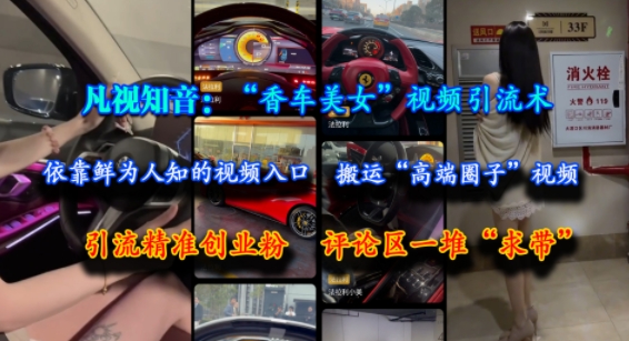凡视知音：“香车美女”视频引流术，依靠鲜为人知的视频入口，搬运“高端圈子”视频，引流精准创业粉，评论区一堆“求带”-吾藏分享