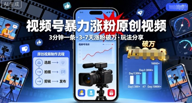视频号暴力涨粉原创视频，3分钟一条原创视频，3-7天涨粉破万，玩法分享给你-吾藏分享