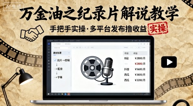 万金油之纪录片解说教学，手把手教你，完全实操，多平台发布撸收益-吾藏分享