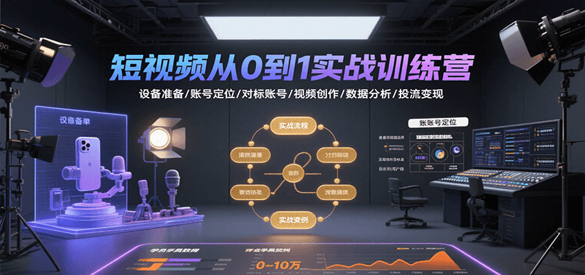 短视频从0到1实战训练营：设备准备/账号定位/对标账号/视频创作/数据分析/投流变现-吾藏分享