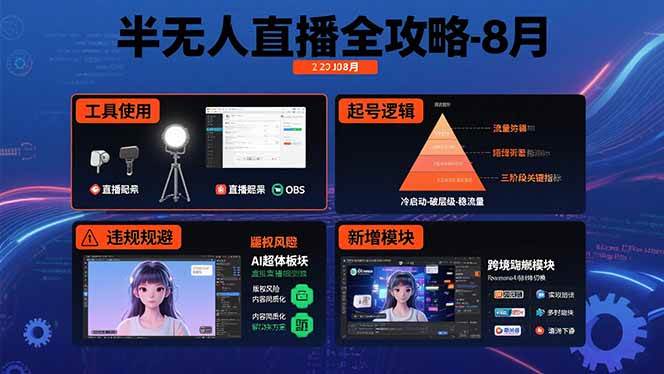 （15669期）半无人直播全攻略-8月：工具使用+起号逻辑+违规规避,新增AI超体与跨境模块-吾藏分享