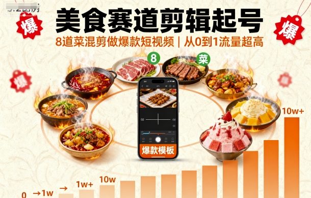 美食赛道剪辑起号，8道菜混剪做爆款短视频，从0到1，流量超高-吾藏分享