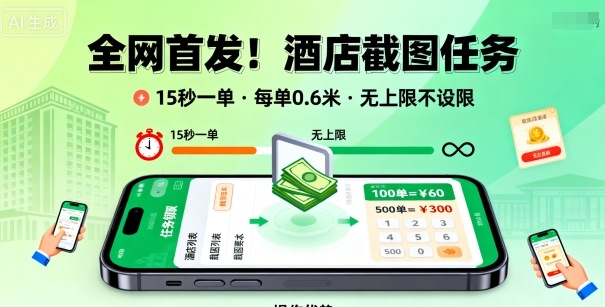 全网首发！酒店截图任务，15秒一单，每单0.6米，任务无上限不设限，矩阵操作单日3张到手【揭秘】-吾藏分享