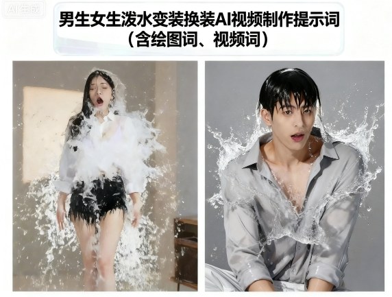 男生女生泼水变装换装AI视频制作提示词(含绘图词、视频词)-吾藏分享