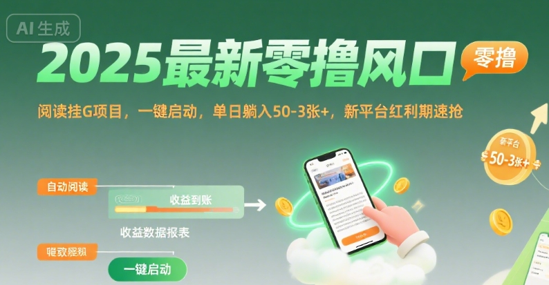 2025最新零撸风口，阅读挂G项目，一键启动，单日躺入 50-3张+，新平台红利期速抢【揭秘】-吾藏分享
