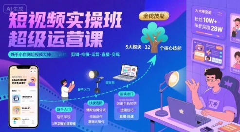 短视频实操班超级运营课，新手小白到短视频大神必修课程，剪辑-拍摄-运营-直播-变现-吾藏分享