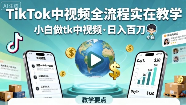 TikTok中视频全流程实操教学，小白做tk中视频，日入百刀-吾藏分享