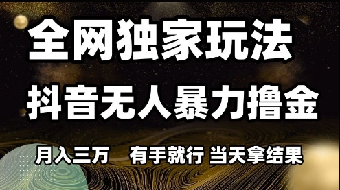 全网独家玩法抖音无人暴力撸金，月入3W，有手就行，当天拿结果【揭秘】-渝渝网创