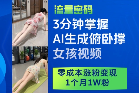 3分钟掌握AI生成俯卧撑女孩视频，零成本涨粉变现，1个月1W粉-吾藏分享