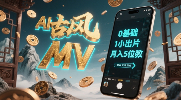 AI一键生成古风音乐MV，0剪辑基础1小时出片，多种变现渠道，一部手机月入5位数-吾藏分享