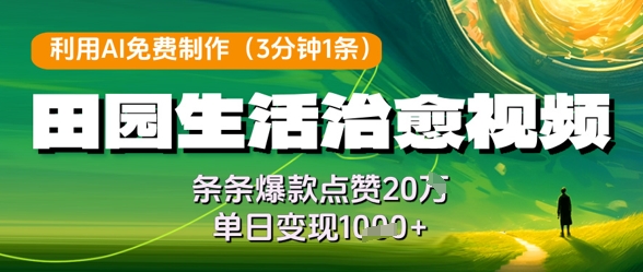 利用AI免费制作田园生活治愈视频，条条爆款点赞20W，单日变现几张-吾藏分享