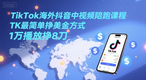 TikTok海外抖音中视频陪跑课程，TK最简单挣美金方式，1万播放挣8刀-渝渝网创
