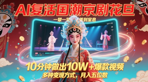 AI复活国潮京剧花旦，一颦一笑美到窒息，10分钟做出10W+爆款视频，多种变现方式，月入五位数-吾藏分享