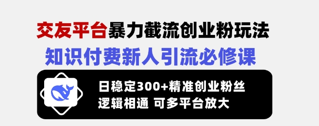 交友平台暴力截流创业粉玩法，知识付费新人引流必修课，日稳定300+精准创业粉丝，逻辑相通可多平台放大-吾藏分享