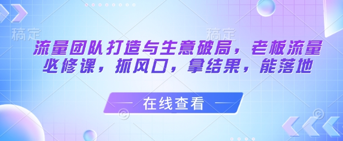 流量团队打造与生意破局，老板流量必修课，抓风口，拿结果，能落地-吾藏分享