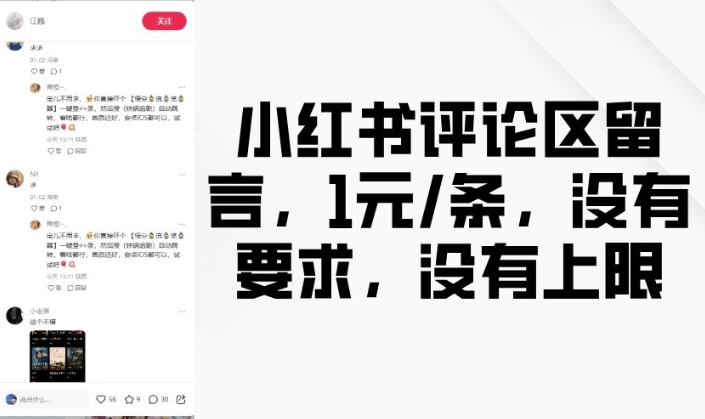 小红书评论区留言，1元条，没有要求，没有上限-吾藏分享