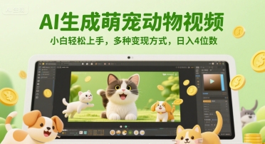 AI生成萌宠动物视频，小白轻松上手，多种变现方式，日入4位数-渝渝网创