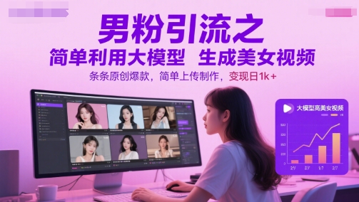 男粉引流之简单利用大模型生成美女视频，条条原创爆款，简单上传制作，变现日1k+-渝渝网创