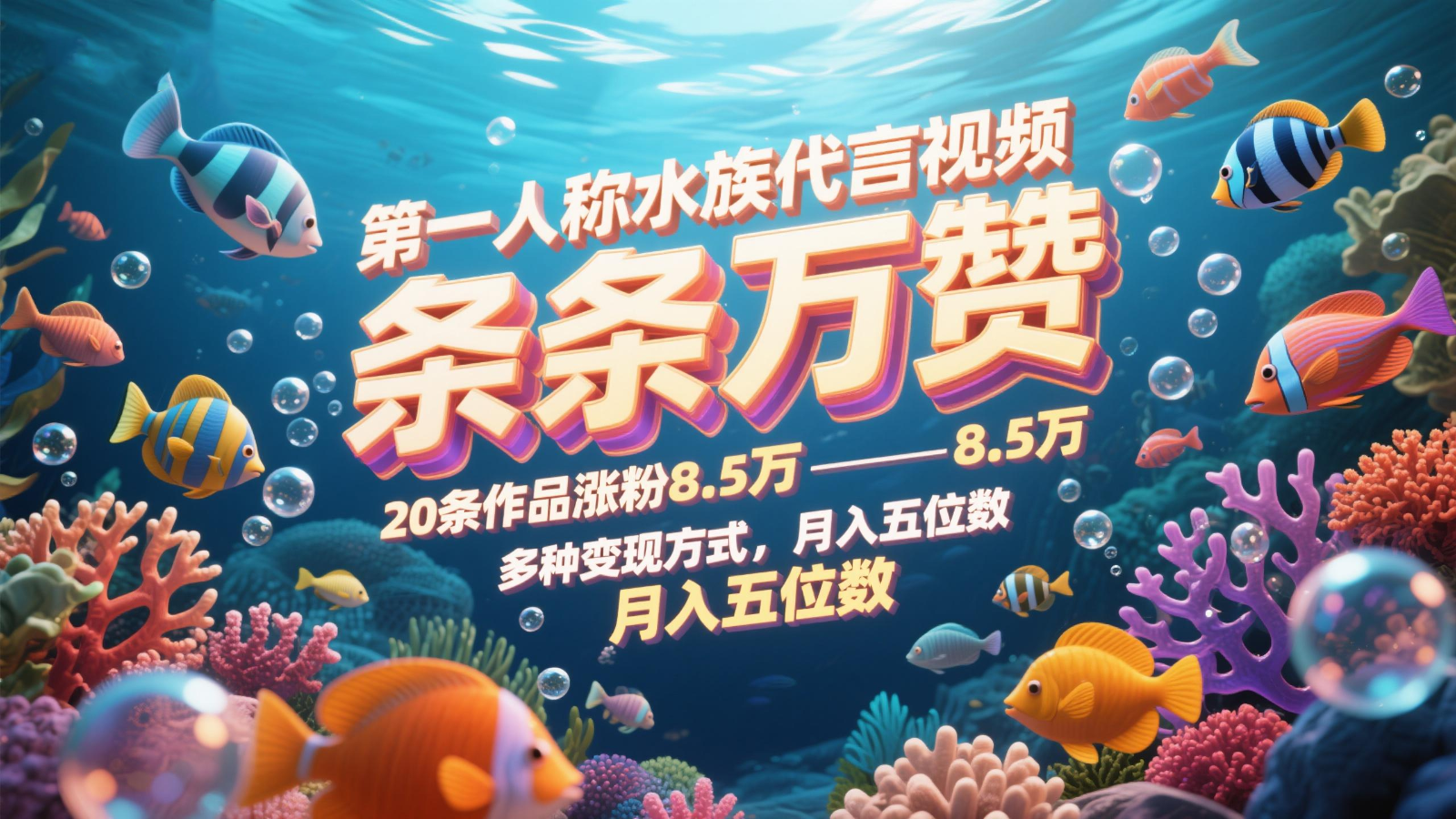 第一人称水族代言视频，条条万赞，20条作品涨粉8.5万，多种变现方式月，入五位数-吾藏分享