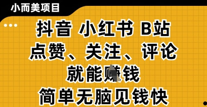 小而美的项目，抖音小红书B站视频点赞、关注、评论就能挣钱，简单无脑立见收益，妥妥的零撸项目【揭秘】-吾藏分享
