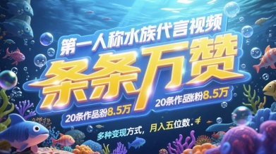 第一人称水族代言视频，条条万赞，20条作品涨粉7.8W，多种变现方式月入五位数-吾藏分享